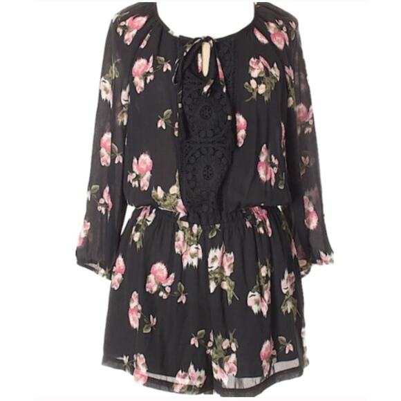 DR2 Daniel Rainn Floral Romper Small Black Pink One Piece Lace Sheer Bohemian - Picture 2 of 10